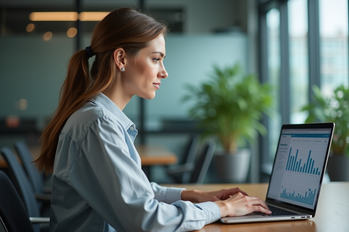 Femme concentrée surveillant des analyses web sur son ordinateur