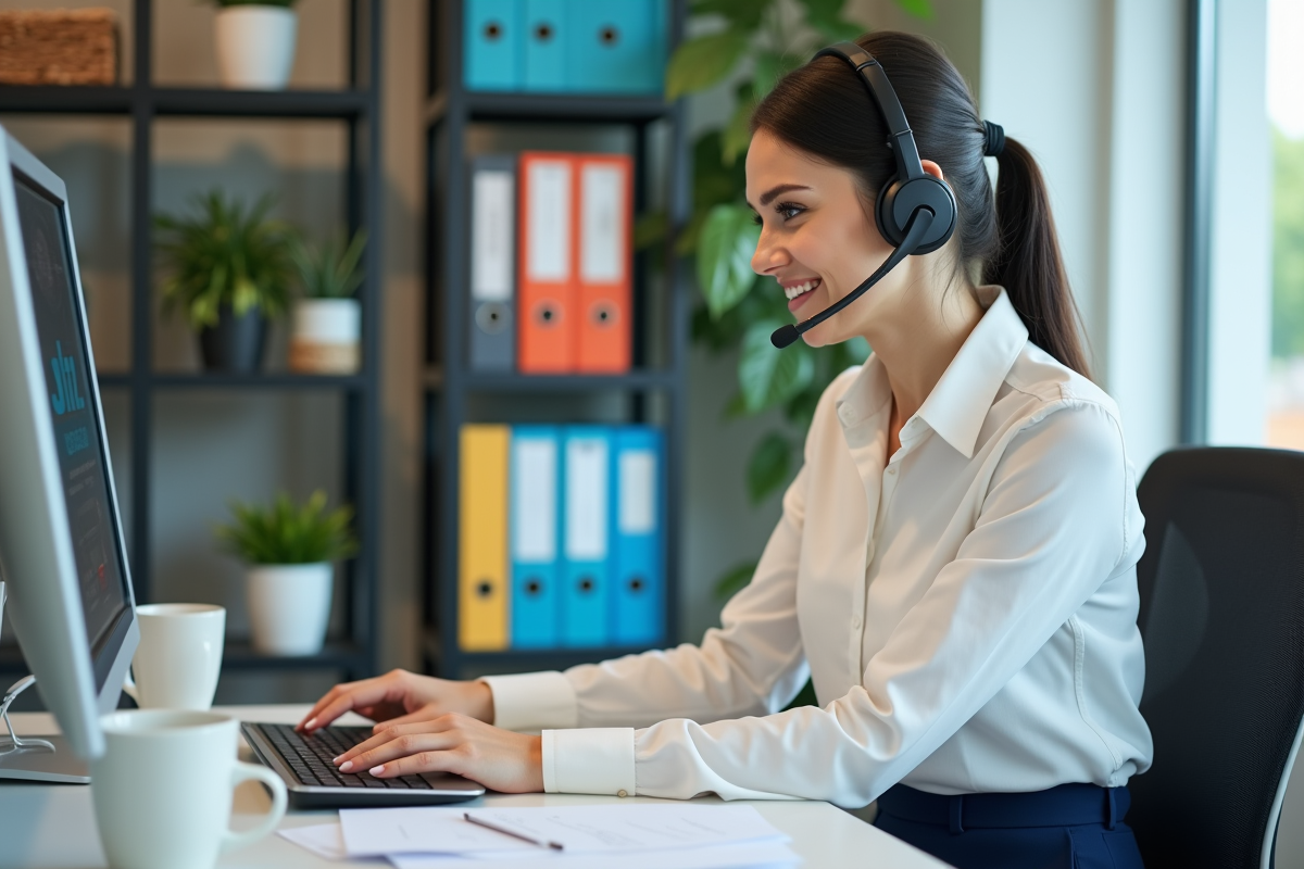Femme d'affaires au bureau parlant en headset