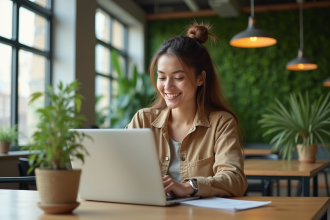 Jeune femme en vêtements durables travaillant dans un bureau écologique