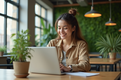 Jeune femme en vêtements durables travaillant dans un bureau écologique