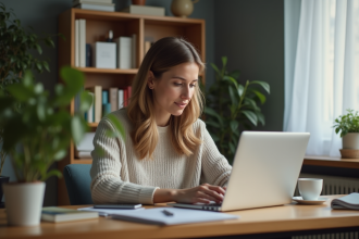 Femme au bureau à domicile travaillant sur son ordinateur portable