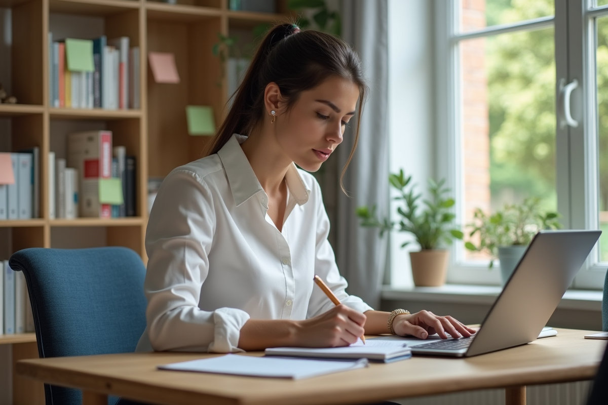 Femme au bureau travaillant sur un ordinateur portable dans un bureau moderne