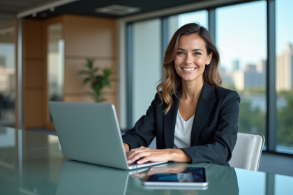 Femme confiante travaillant sur son ordinateur dans un bureau moderne