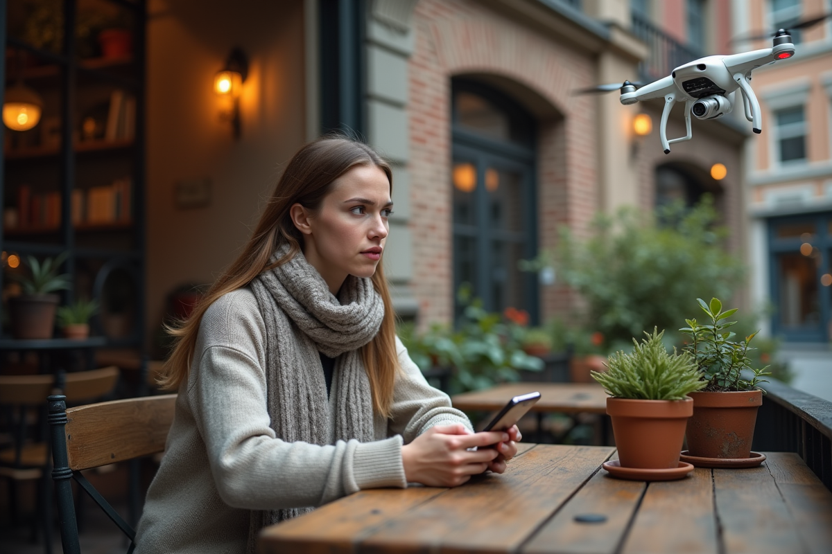 Jeune femme regardant un drone au café en ville