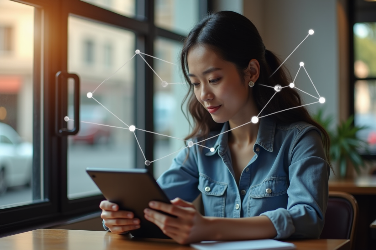 Jeune femme utilisant une tablette avec icônes de VPN en milieu urbain