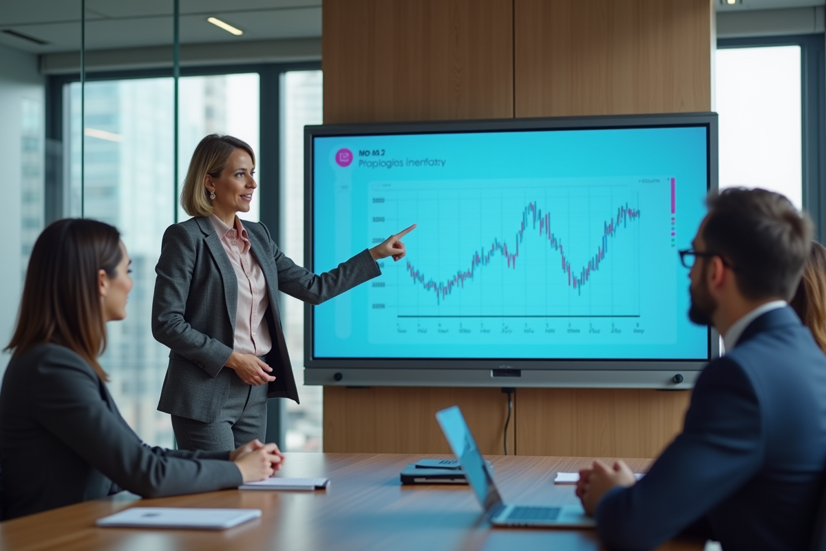 Femme chef de projet expliquant un tableau digital en réunion