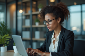 Jeune femme analysant du code sur un ordinateur dans un bureau moderne