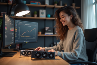 Femme en home office comparant deux cartes graphiques haut de gamme