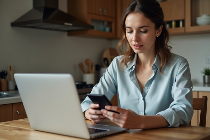 Femme en business casual utilisant son smartphone à la maison