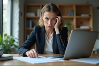 Femme d'affaires inquiète dans un bureau à domicile