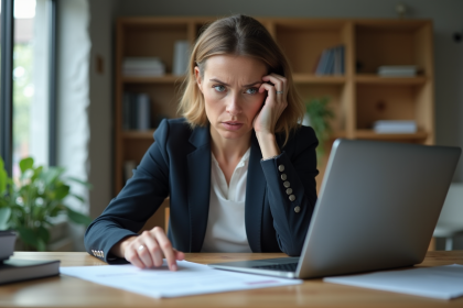 Femme d'affaires inquiète dans un bureau à domicile