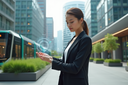 Femme en urbanisme futuriste avec interface holographique