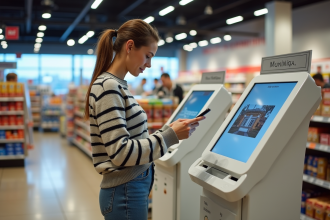 Femme en jeans utilisant un kiosque photo en supermarche