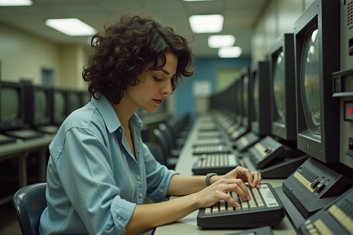 Femme au look r&eacute;tro &eacute;tudiant des cartes perfor&eacute;es en laboratoire informatique