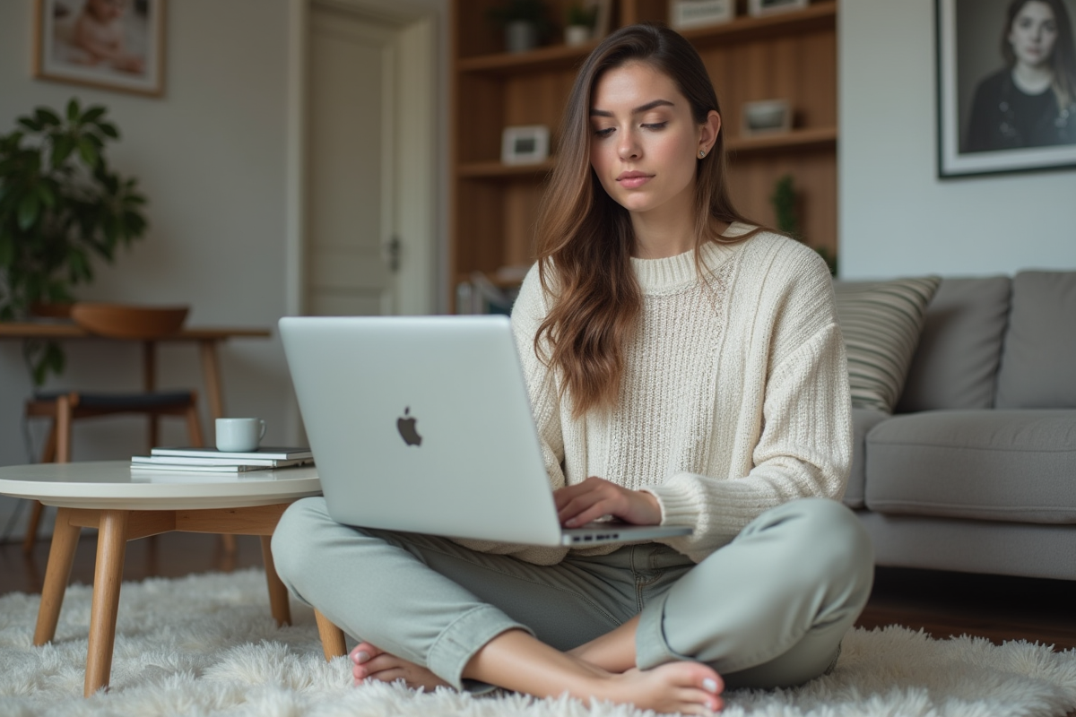 Femme travaillant sur un ordinateur portable dans le salon