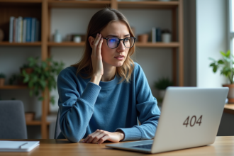 Jeune femme perplexe devant un ordinateur avec erreur 404