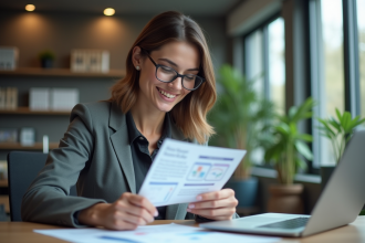 Femme souriante travaillant sur un ordinateur avec diagrammes d'automatisation