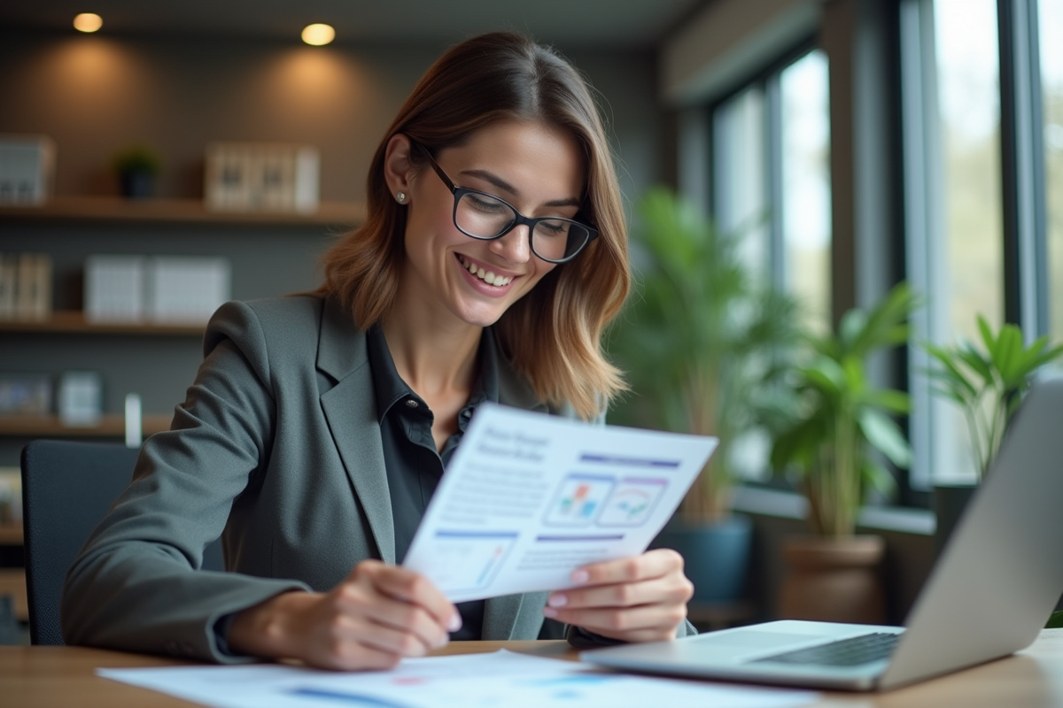 Femme souriante travaillant sur un ordinateur avec diagrammes d'automatisation
