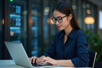 Jeune femme en bureau hightech travaillant sur son ordinateur