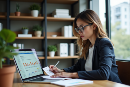 Femme professionnelle examinant une liste de mots-clés dans un bureau moderne