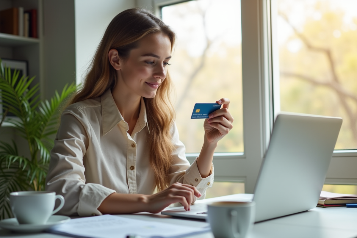Jeune femme vérifiant son ordinateur portable pour achat en ligne