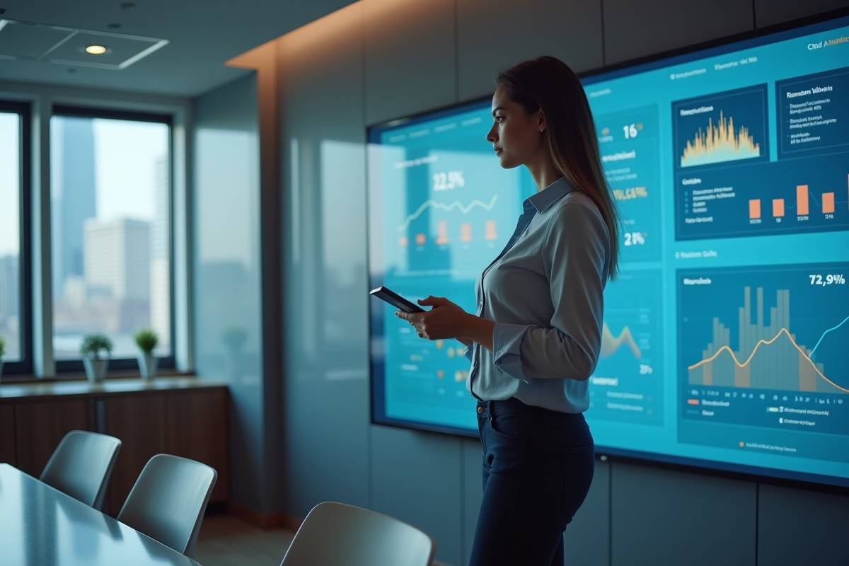 Jeune femme analysant des données sur une tablette dans une salle de réunion