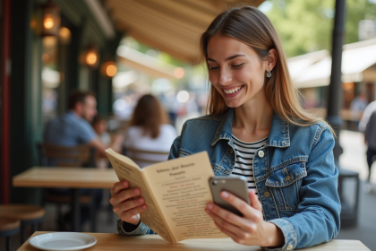 Jeune femme souriante traduisant un menu au café en plein air