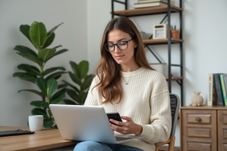 Jeune femme travaillant sur son ordinateur dans un bureau à domicile