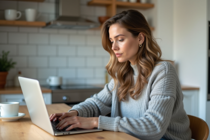 Femme assise à la cuisine travaillant sur son ordinateur portable