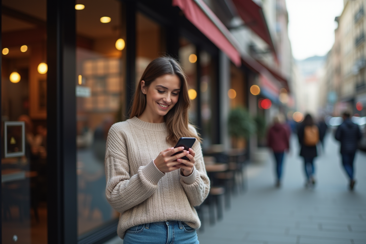 Femme dehors dans une ville moderne utilisant son smartphone avec un cadenas