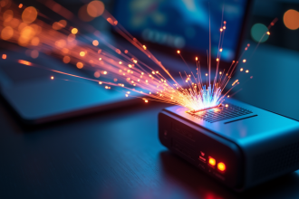 Câble fibre optique ouvert avec lumières colorées sur un bureau moderne