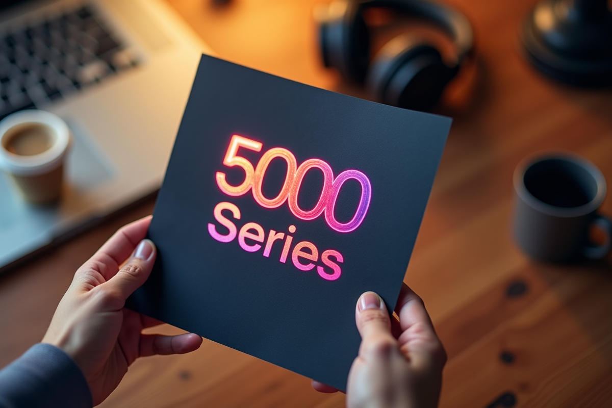 Main tenant un flyer brillant 5000 Series sur bureau en bois