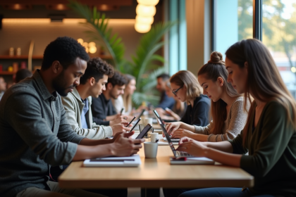 Groupe de personnes diverses utilisant différentes applications de messagerie au café