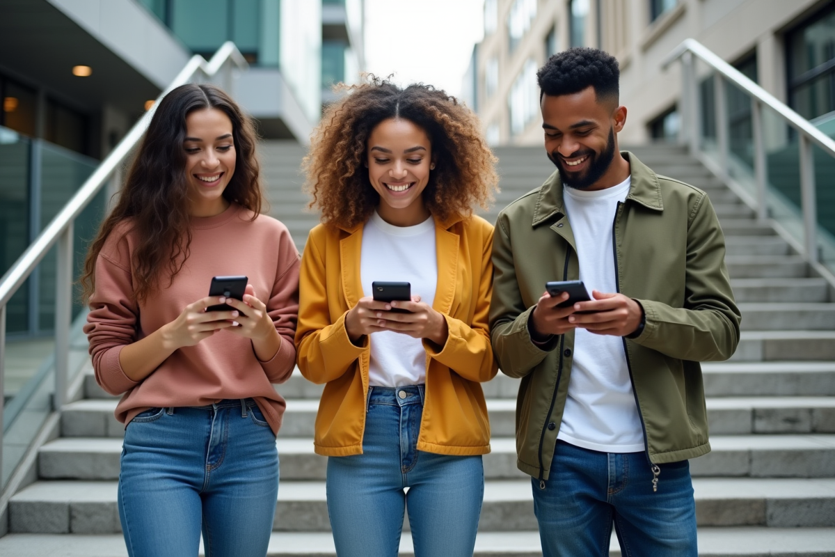 Trois jeunes adultes souriants avec smartphones en ville