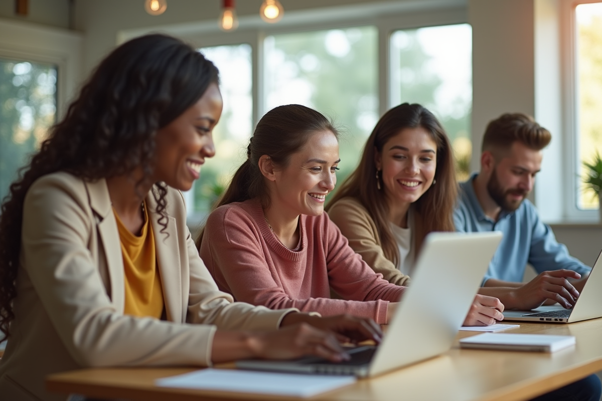 Groupe de personnes diverses utilisant des appareils numériques