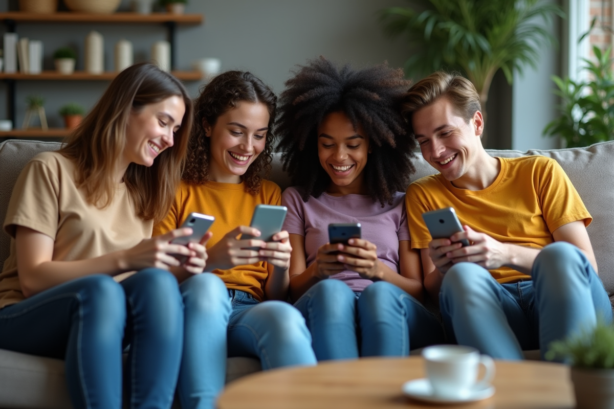 Quatre jeunes adultes discutent avec leurs smartphones dans un salon moderne