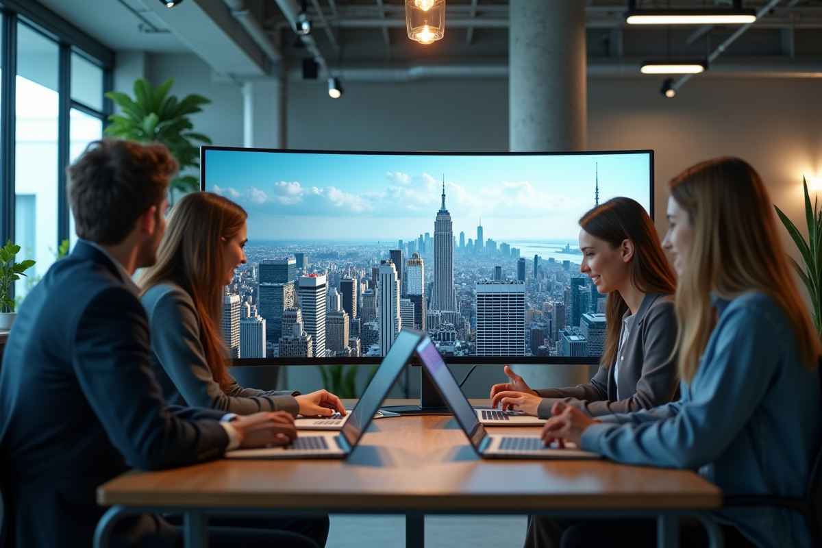 Groupe de professionnels autour d'un moniteur CGI ville
