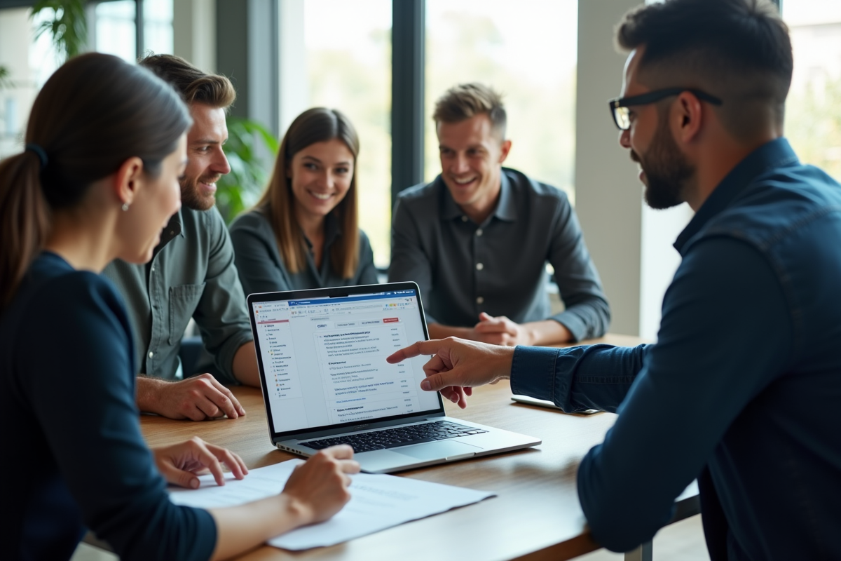 Groupe de professionnels autour d'une table en test logiciel