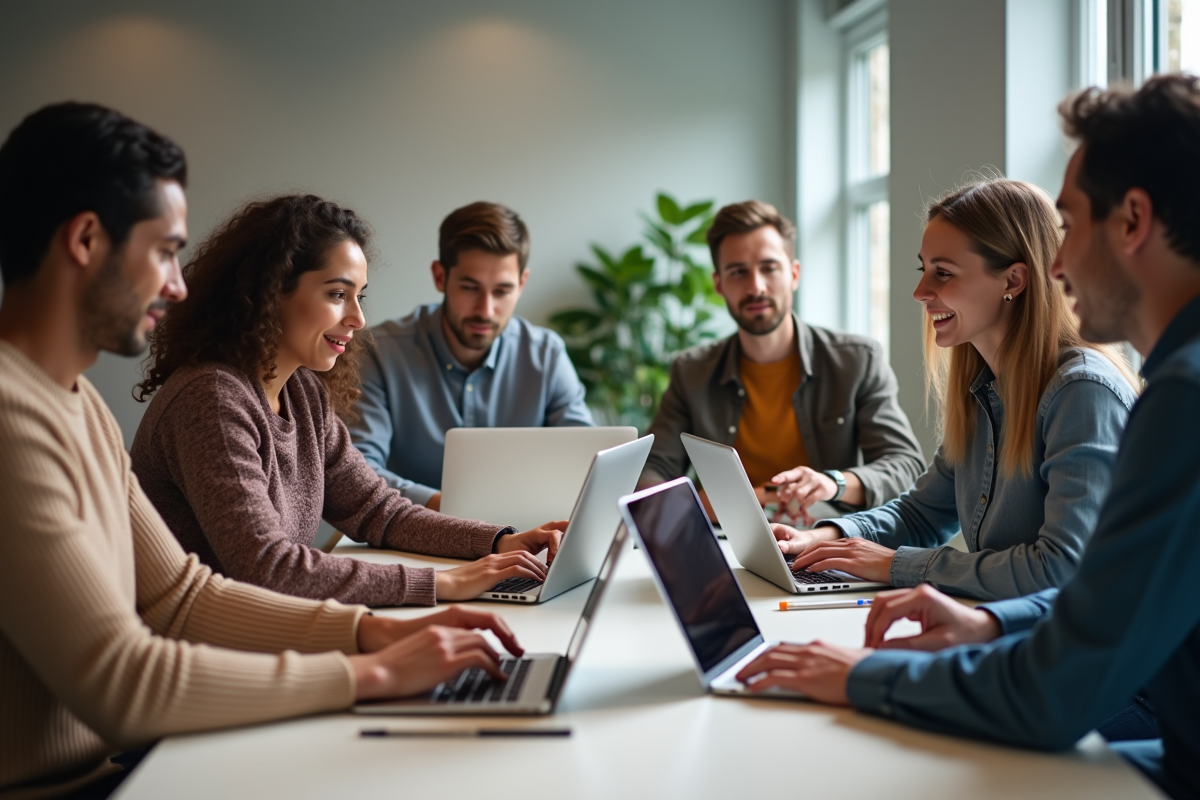 Groupe diversifié collaborant avec outils d'accessibilite