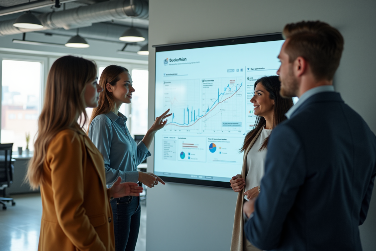 Groupe de jeunes professionnels discutant autour d’un tableau digital