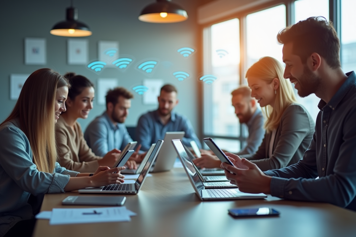 Groupe divers d'utilisateurs avec appareils connectes