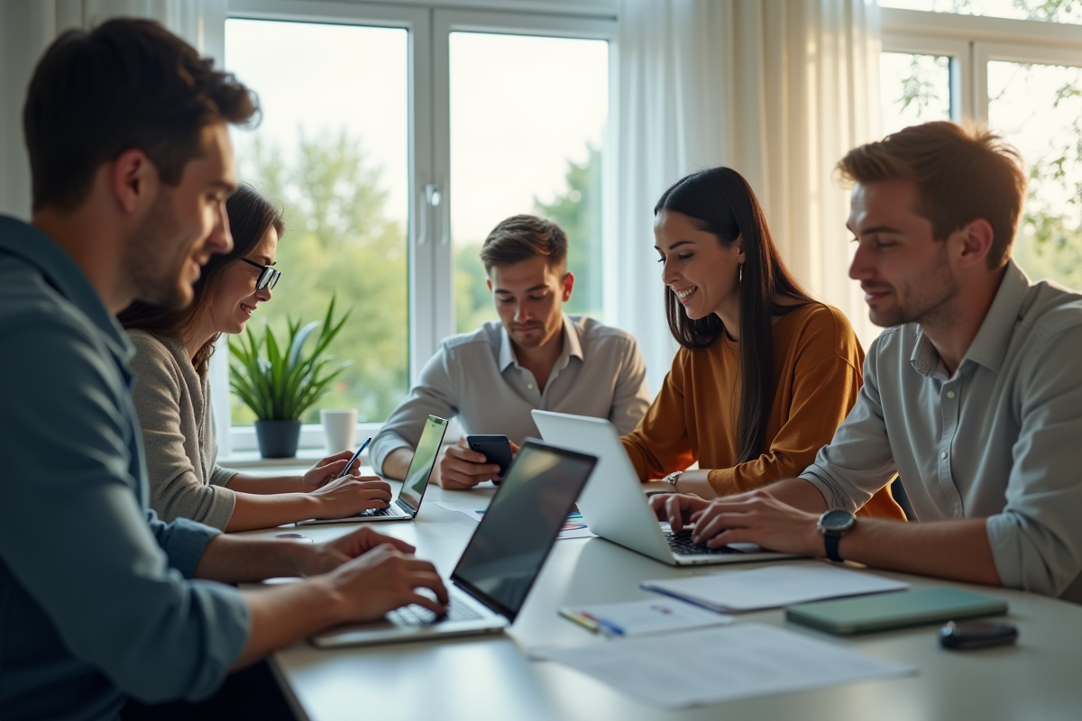 Groupe diversifié utilisant appareils avec technologies d'assistance
