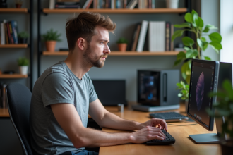 Homme assis à un bureau moderne en home office