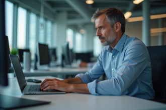 Homme d'âge moyen travaillant sur un ordinateur dans un bureau moderne