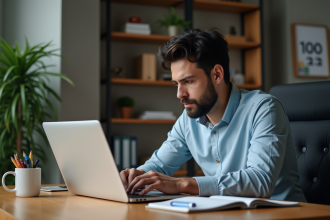 Homme d'affaires concentré travaillant à son bureau moderne