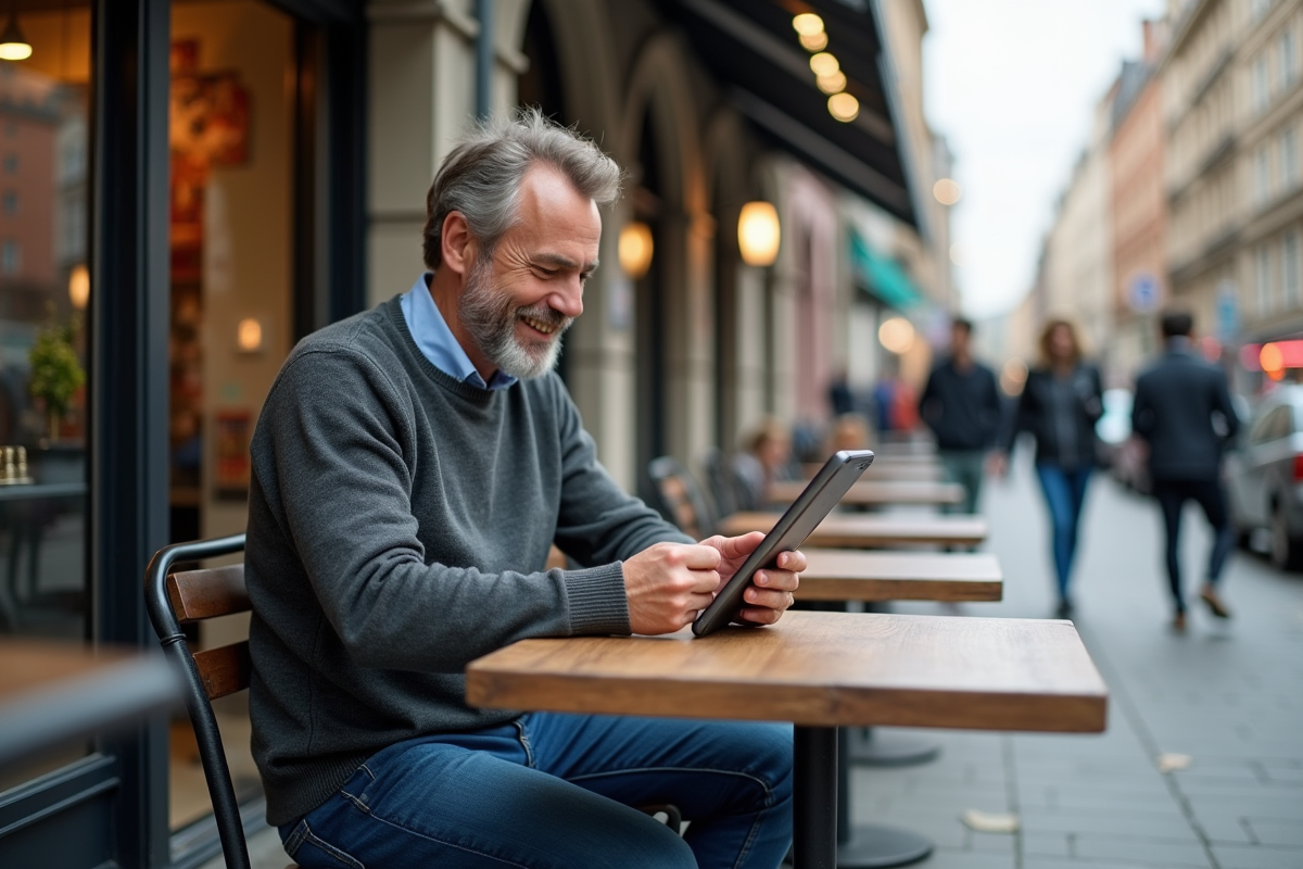 Homme détendu au café utilisant une tablette en extérieur