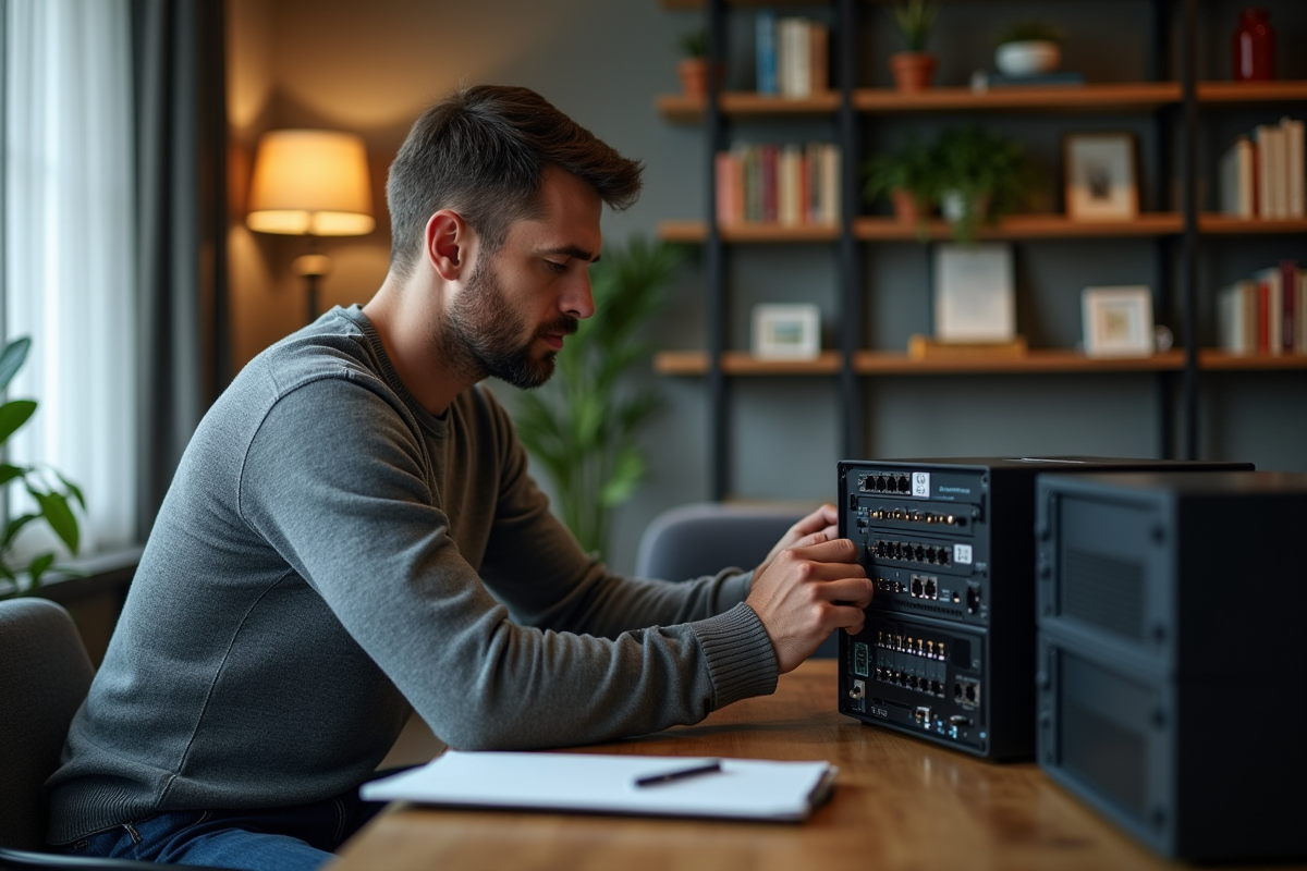 Homme en maison configurant un pare-feu en toute tranquillite