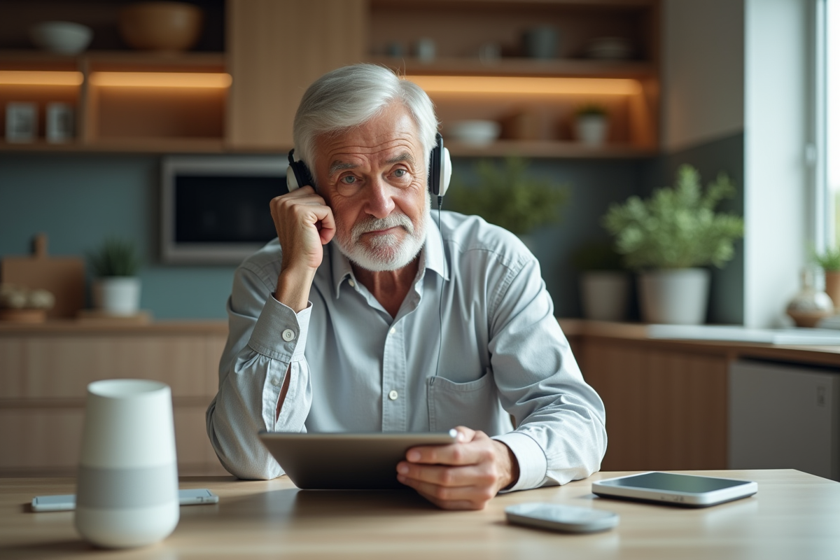 Homme âgé dans une maison connectée et moderne