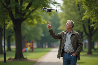 Homme inquiet pointant vers un drone dans un parc suburbain