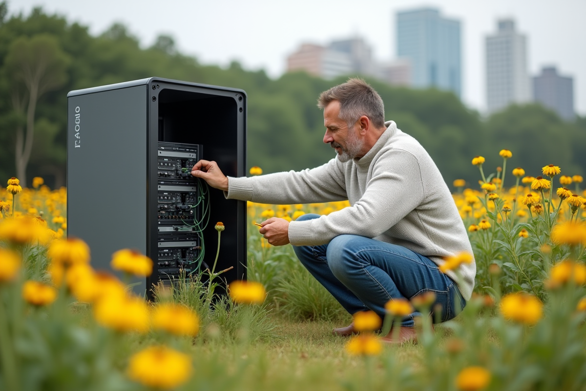 Homme vérifiant un serveur écologique dans un paysage naturel